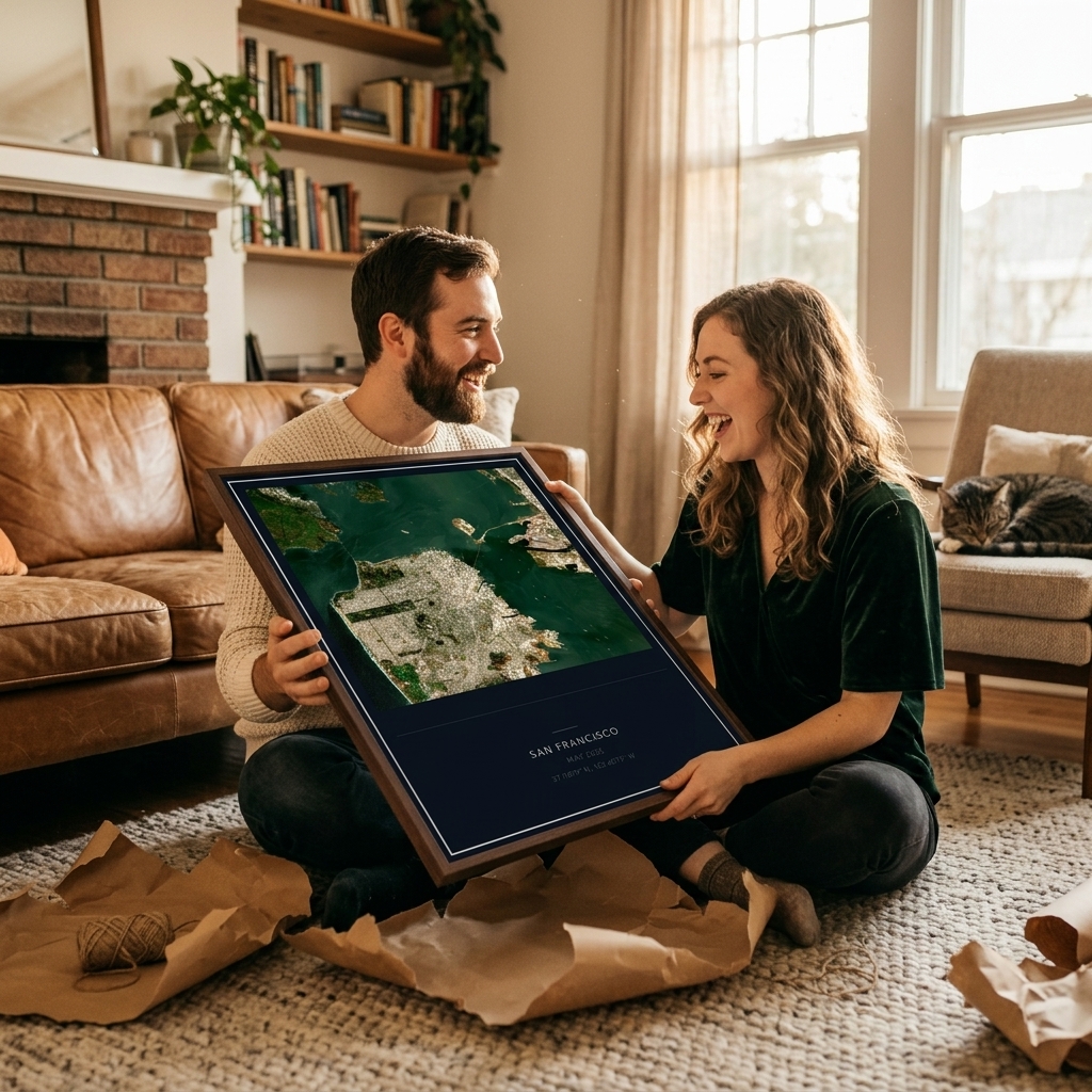 A couple unwrapping a framed satellite print of their proposal location