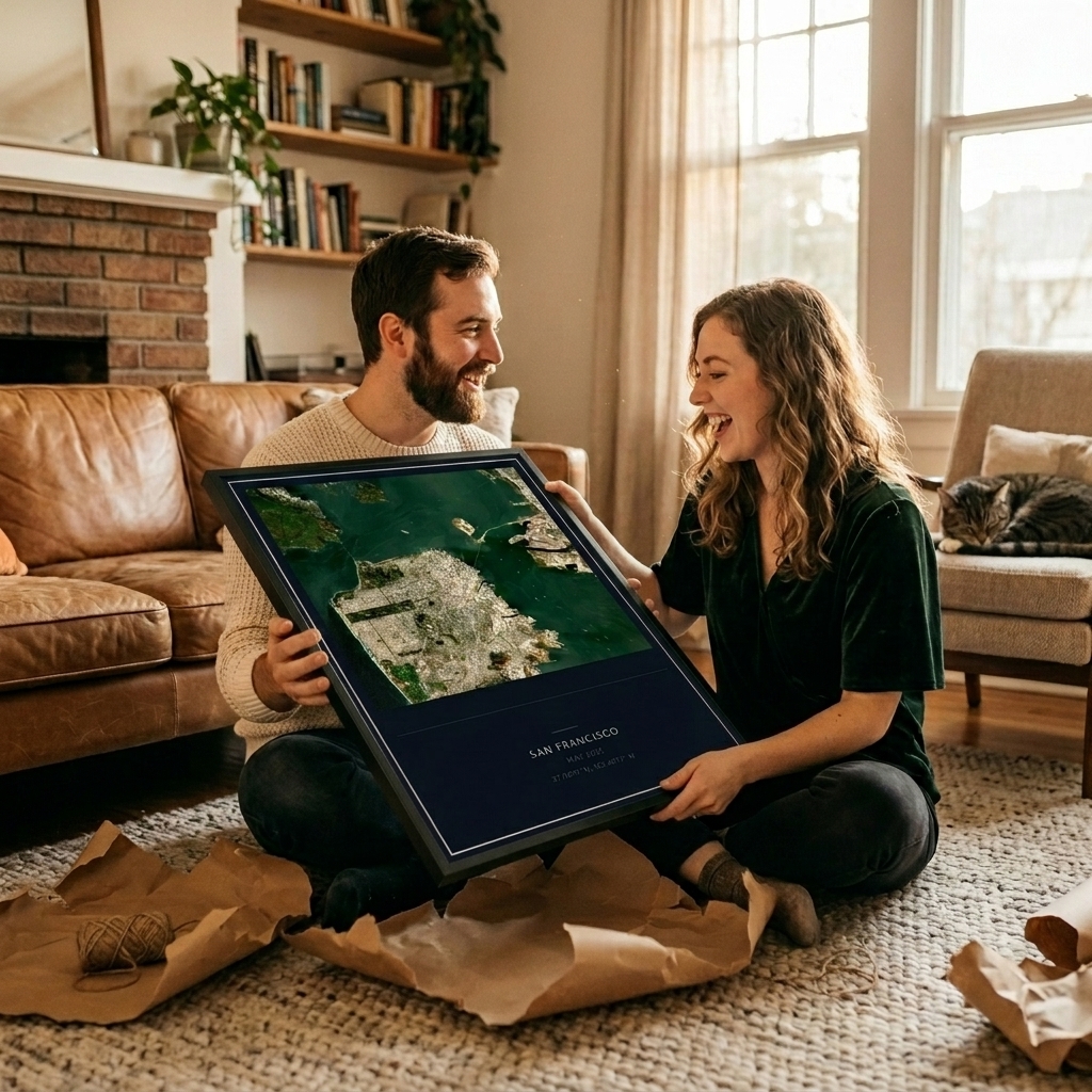 A couple with their black-framed satellite print of where they met