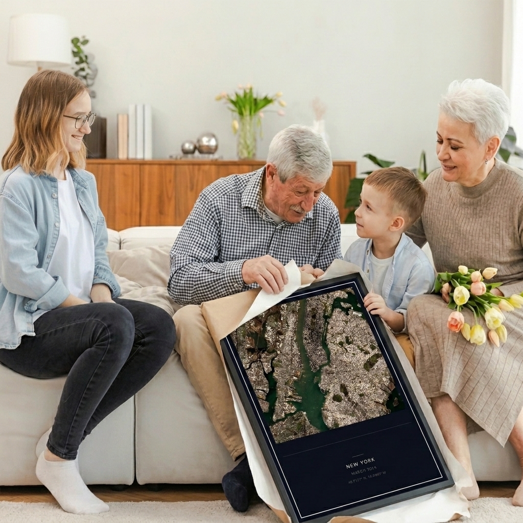 Grandparents and grandchildren unwrapping a Caelus Space satellite print together