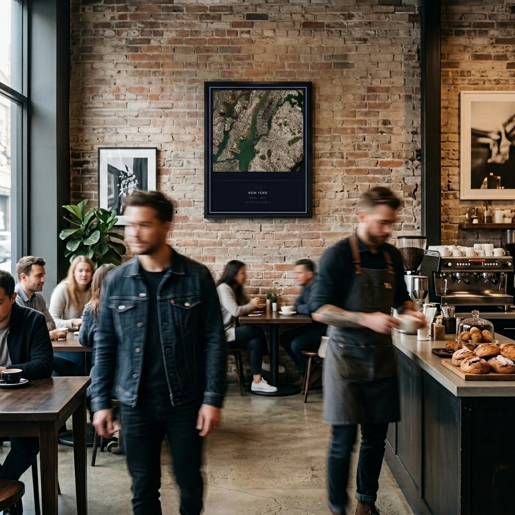 A Caelus Space satellite print of New York on a brick wall in a busy cafe