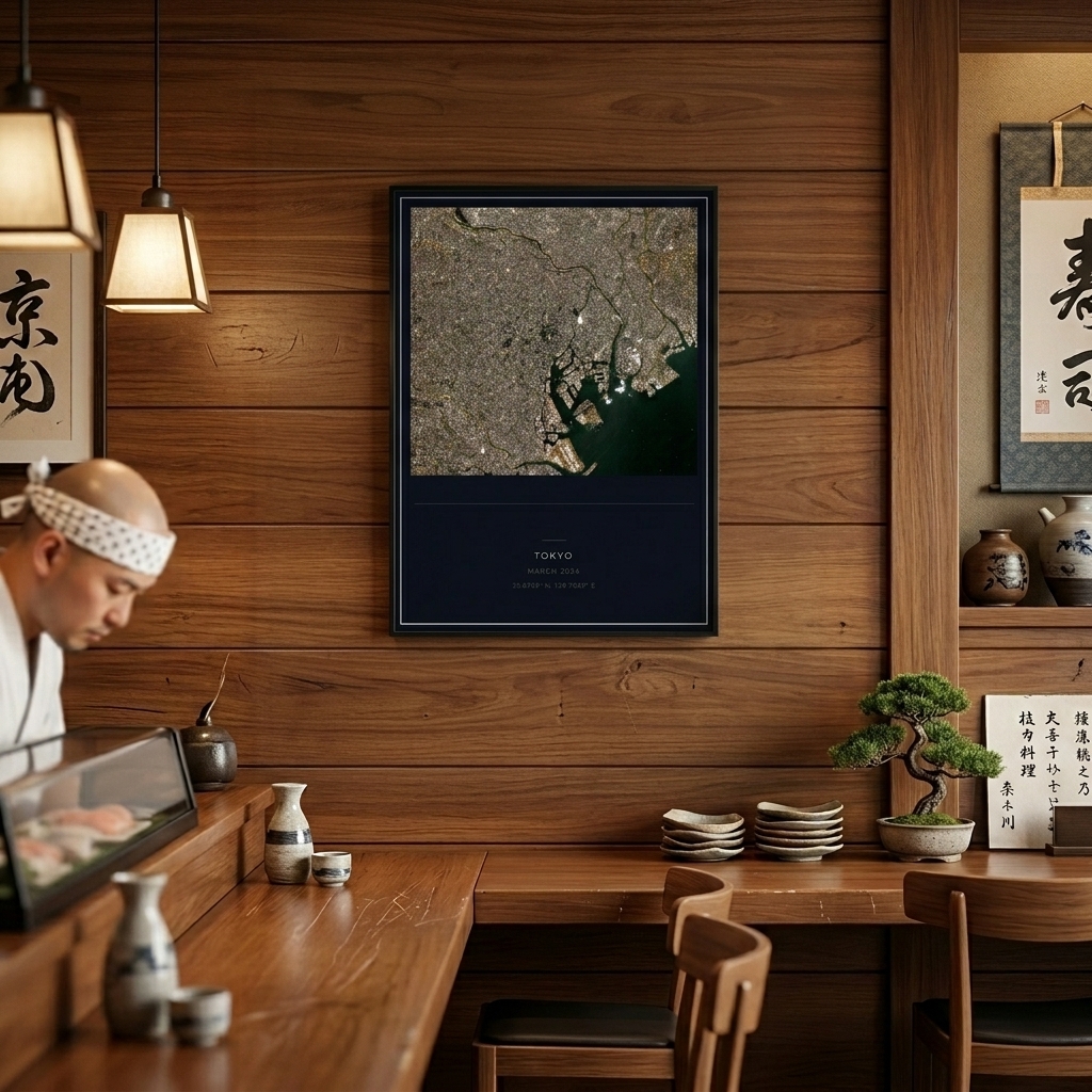 A Tokyo satellite print hung on the wood-panelled wall of a Japanese sushi counter
