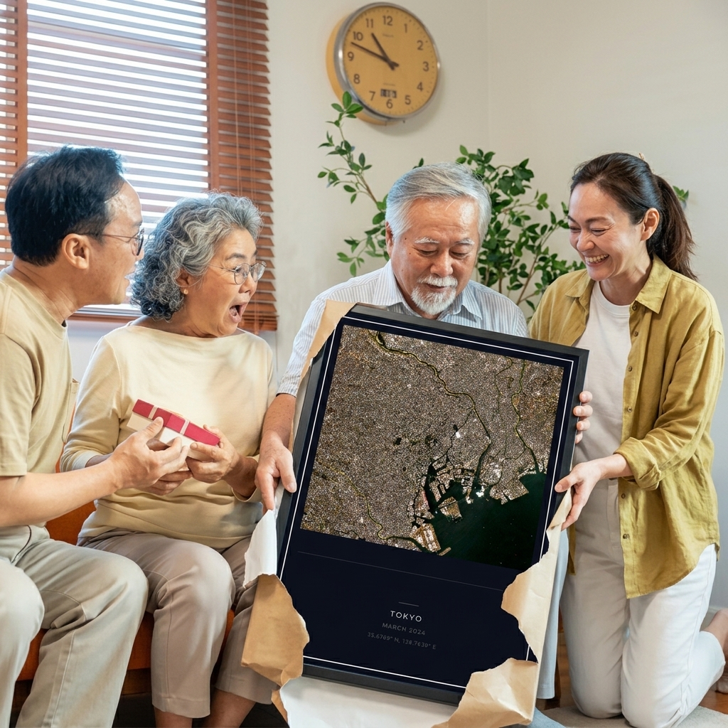 A family gathered around opening a Tokyo satellite print