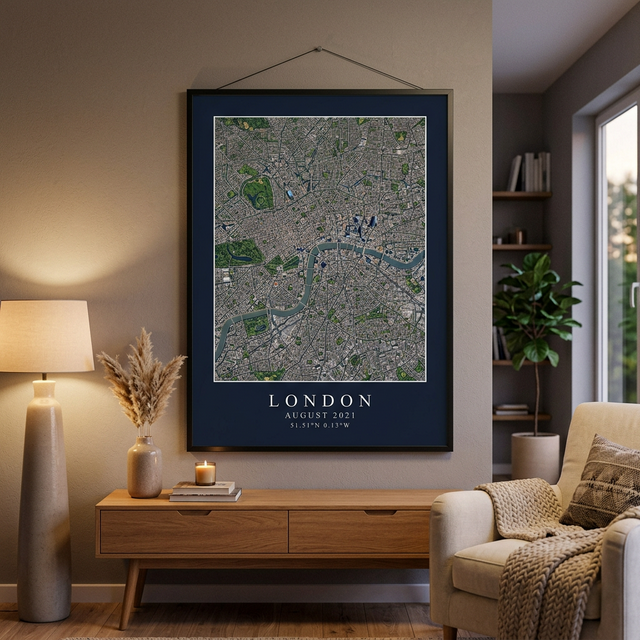 Satellite image print of London viewed from orbit