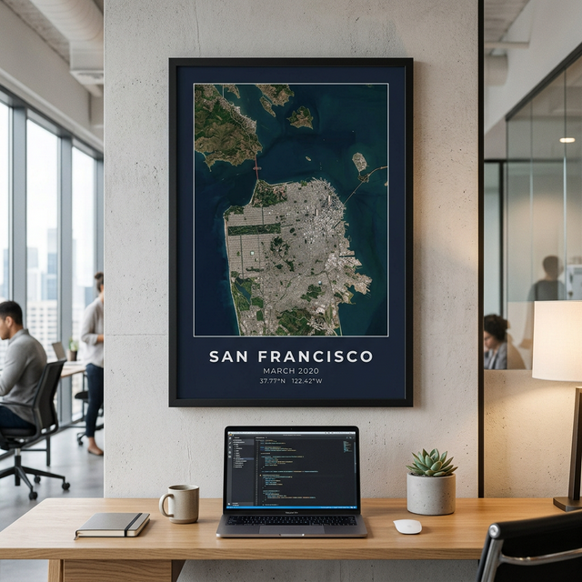 Satellite image print of San Francisco viewed from orbit