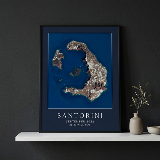 Satellite image print of Santorini viewed from orbit