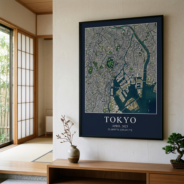 Satellite image print of Tokyo viewed from orbit